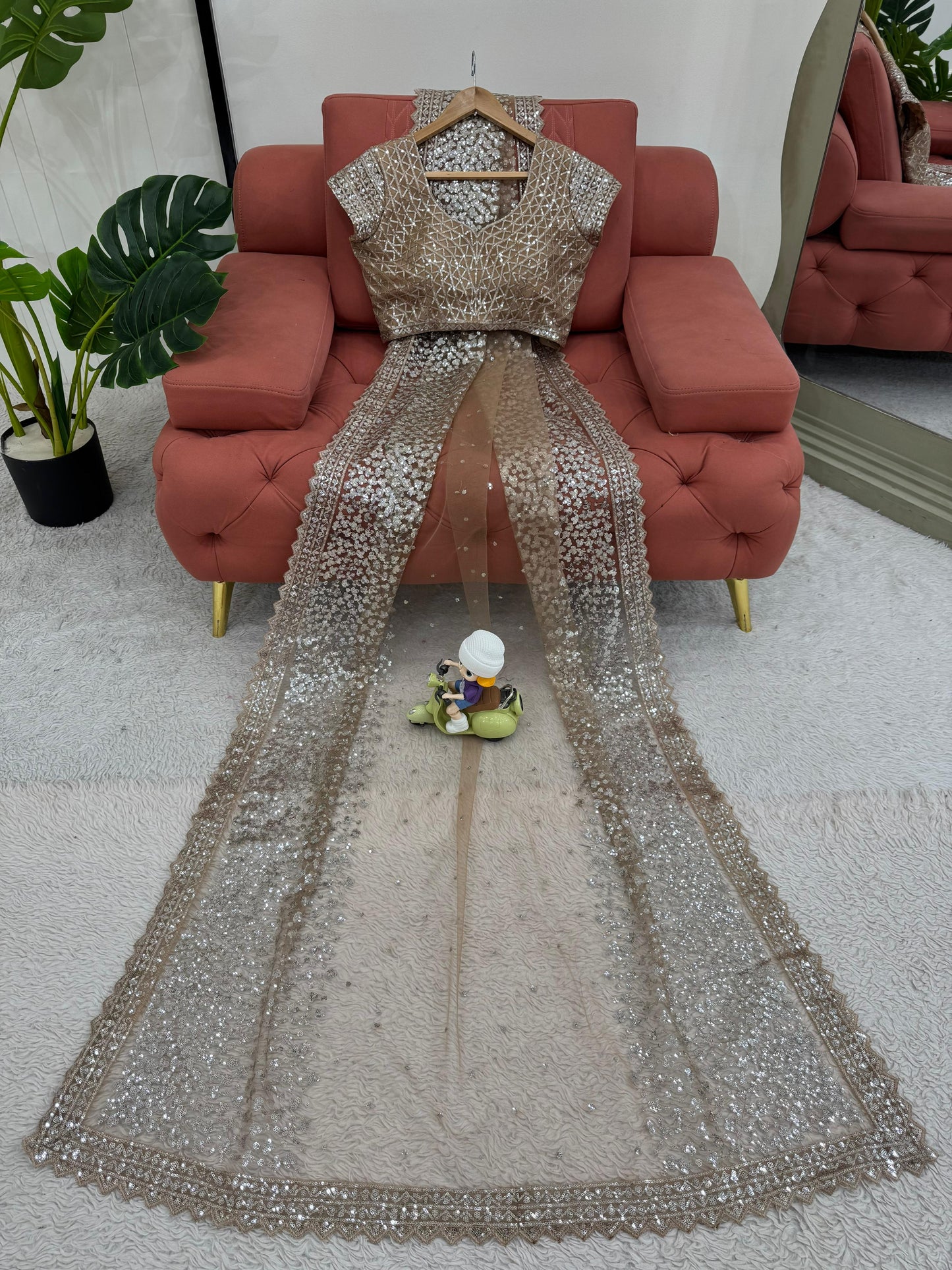 Cream Color Soft Net With Sequins work Saree