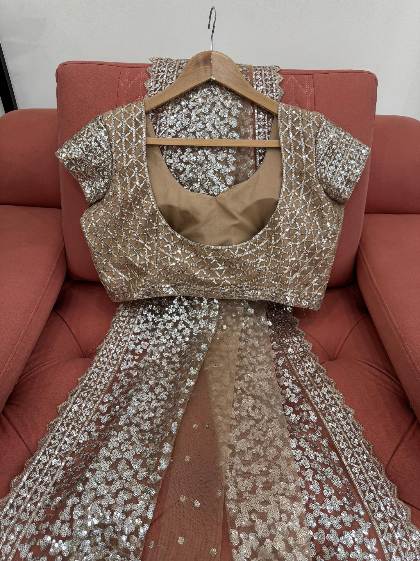 Cream Color Soft Net With Sequins work Saree