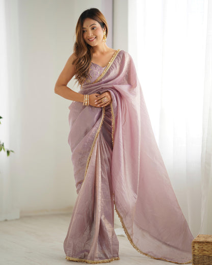 Light Dusty Mauve Gold Crush Tissu With Zari Work Ready To Wear Saree