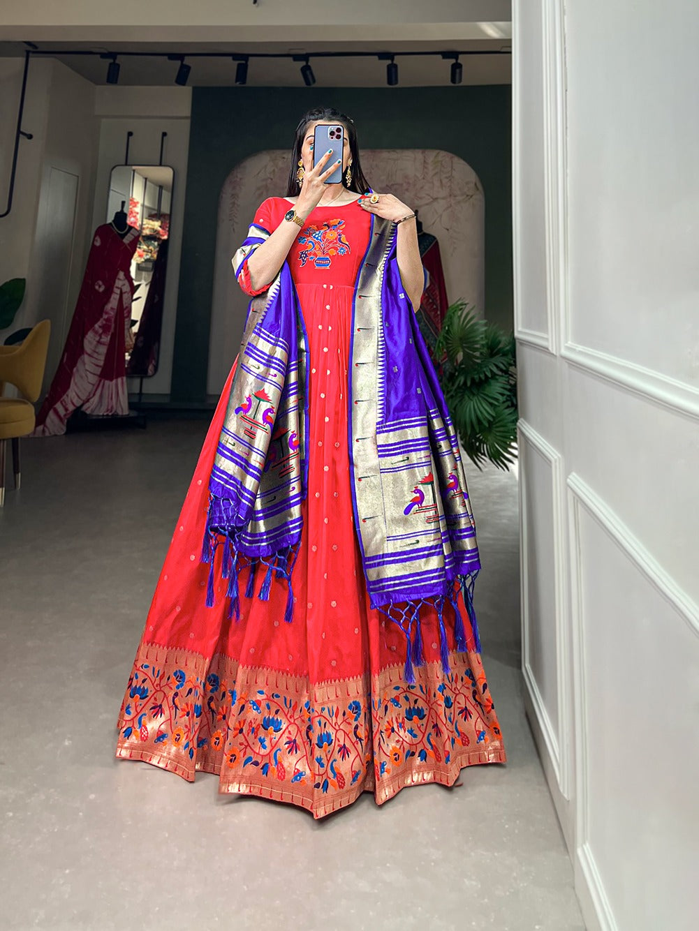 Red Jacquard Silk With Zari Work Gown With Dupatta