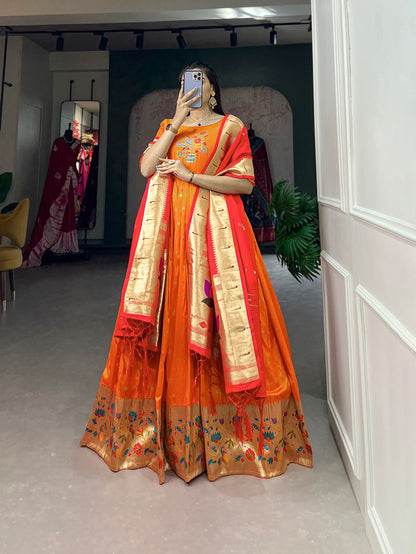Orange Jacquard Silk With Zari Work Gown With Dupatta