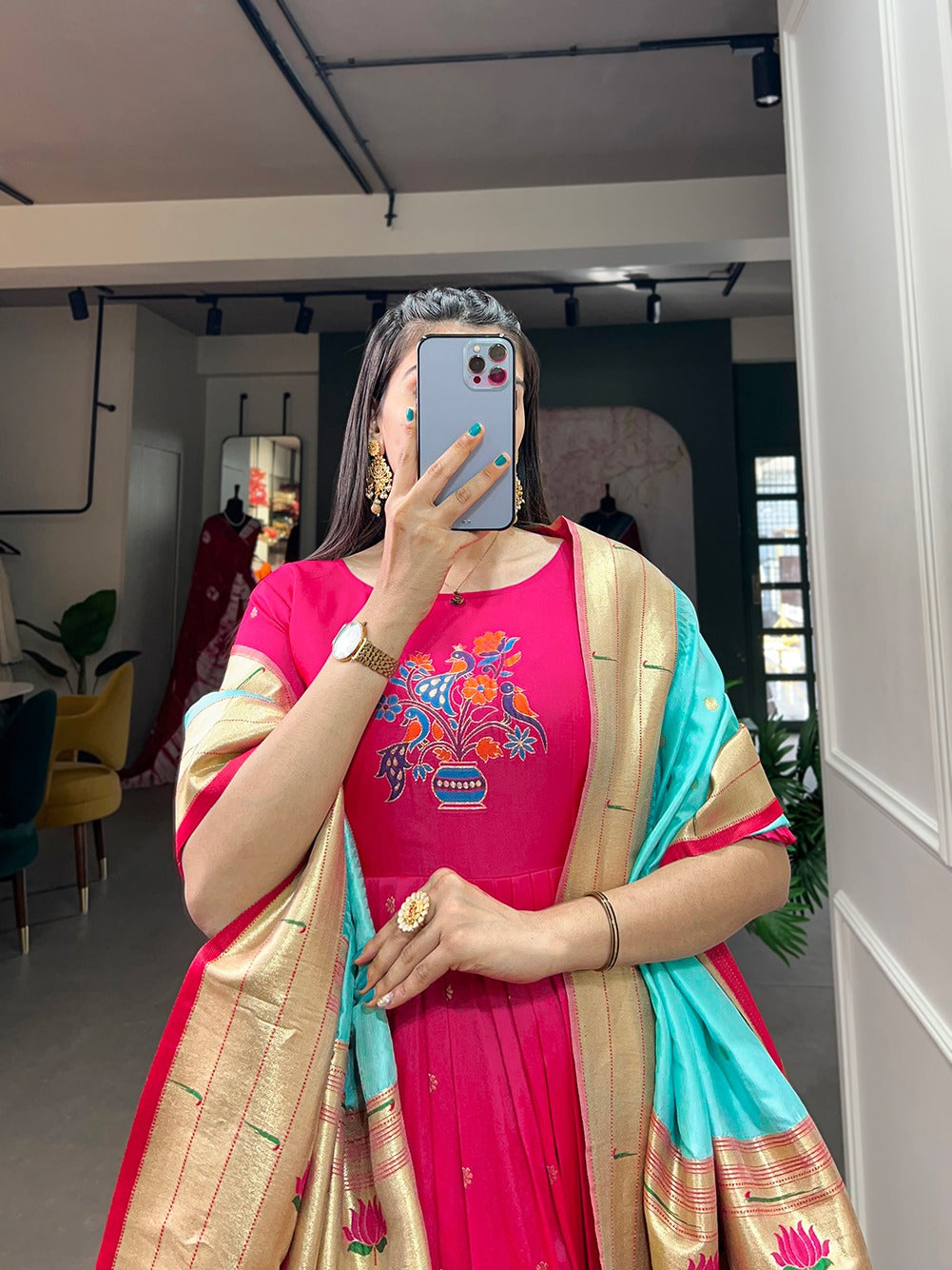 Pink Jacquard Silk With Zari Work Gown With Dupatta