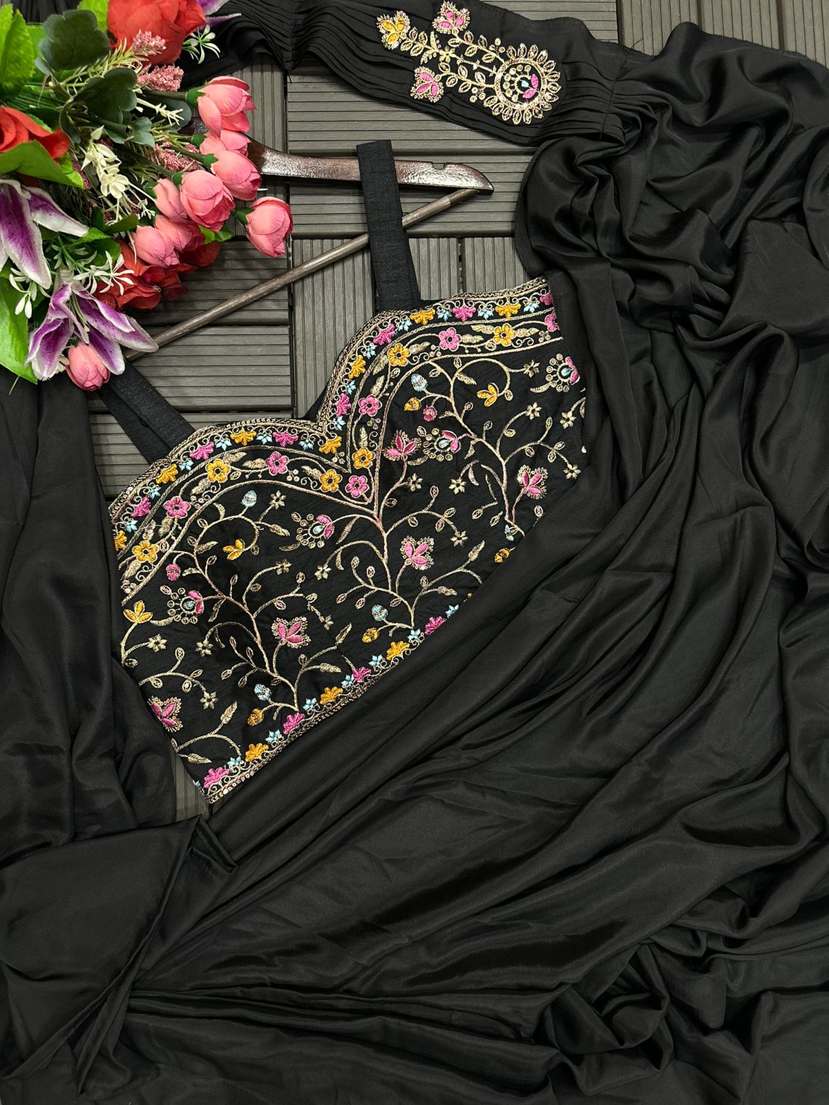 Heavy Satin Embroidery Work Saree