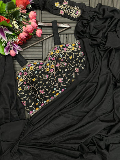 Heavy Satin Embroidery Work Saree