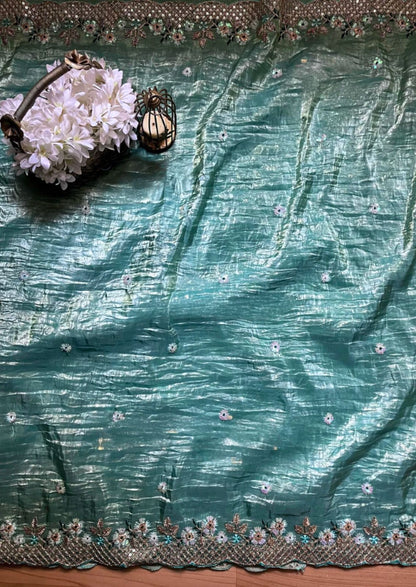 Sky Blue Crunchy Silk With Thread & Sequins Work Saree