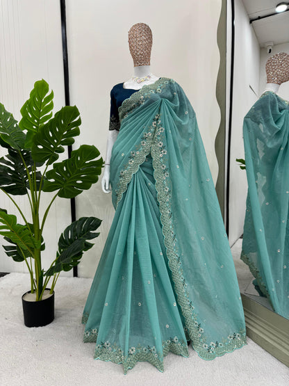 Sky Blue Crunchy Silk With Thread & Sequins Work Saree