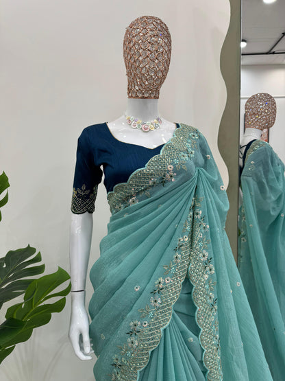 Sky Blue Crunchy Silk With Thread & Sequins Work Saree