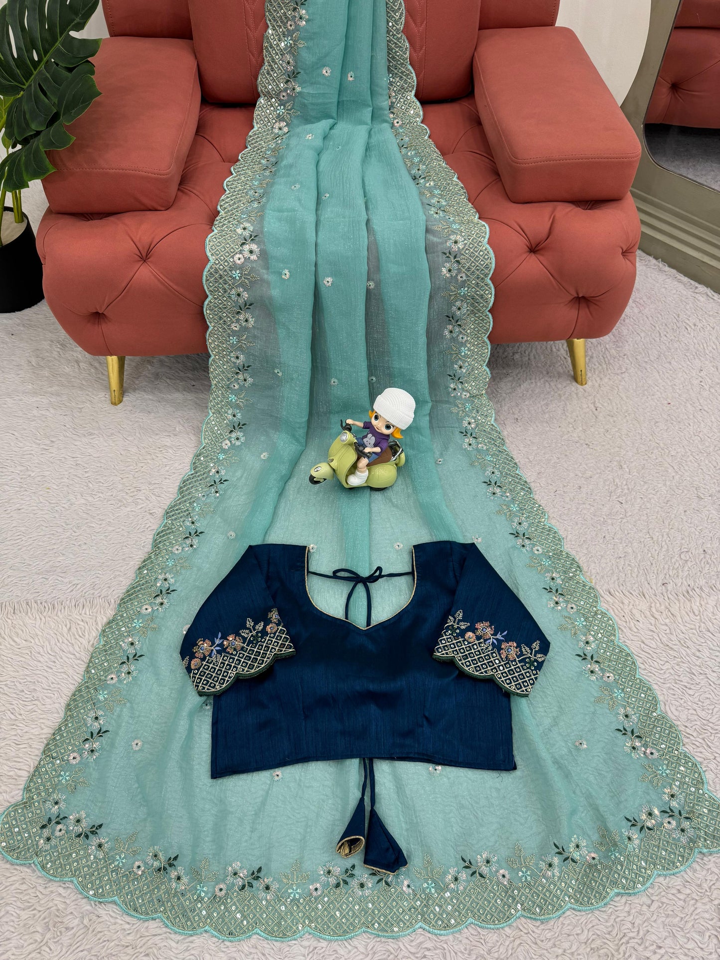 Sky Blue Crunchy Silk With Thread & Sequins Work Saree