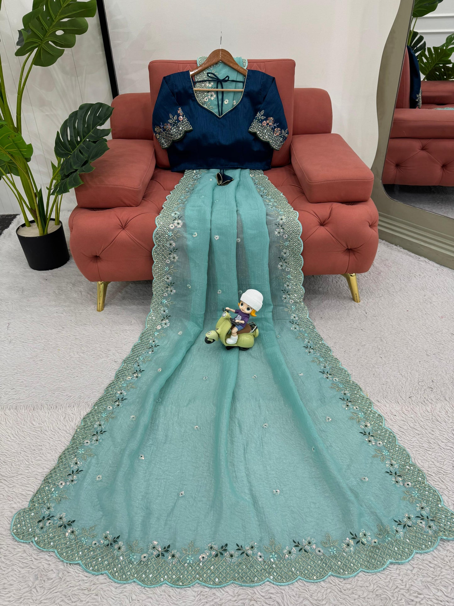 Sky Blue Crunchy Silk With Thread & Sequins Work Saree