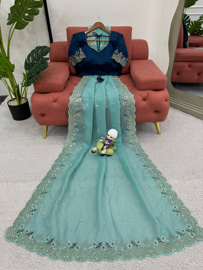 Sky Blue Crunchy Silk With Thread & Sequins Work Saree