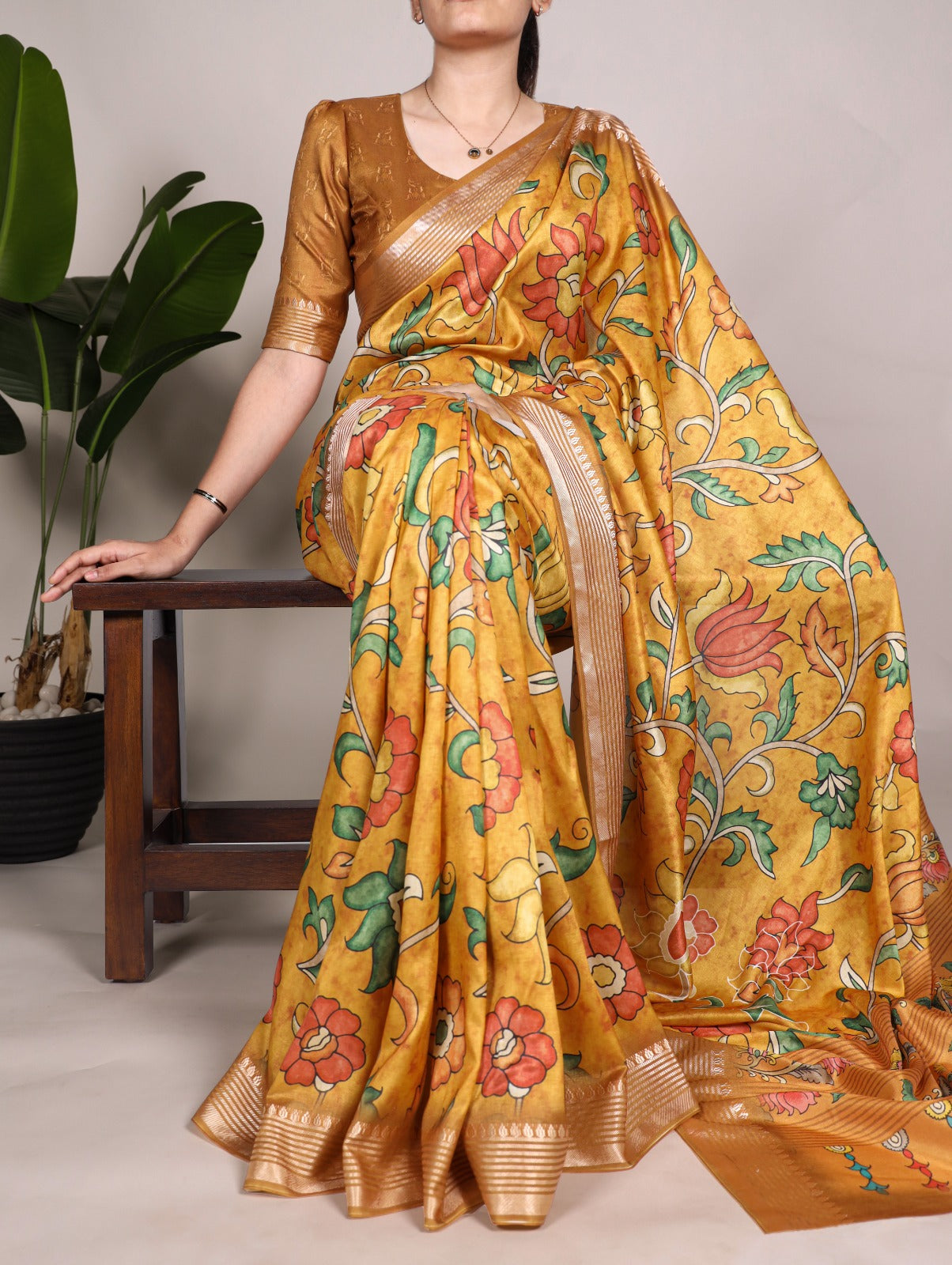 Mustard Tussar Silk Saree with Viscose Border