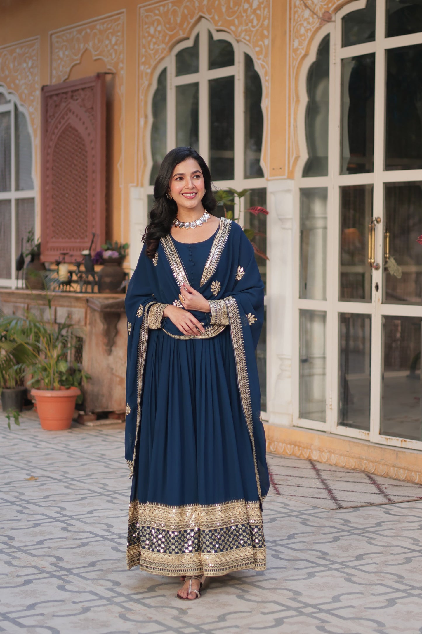 Faux Blooming With Zari & Sequins Work Gown with Dupatta
