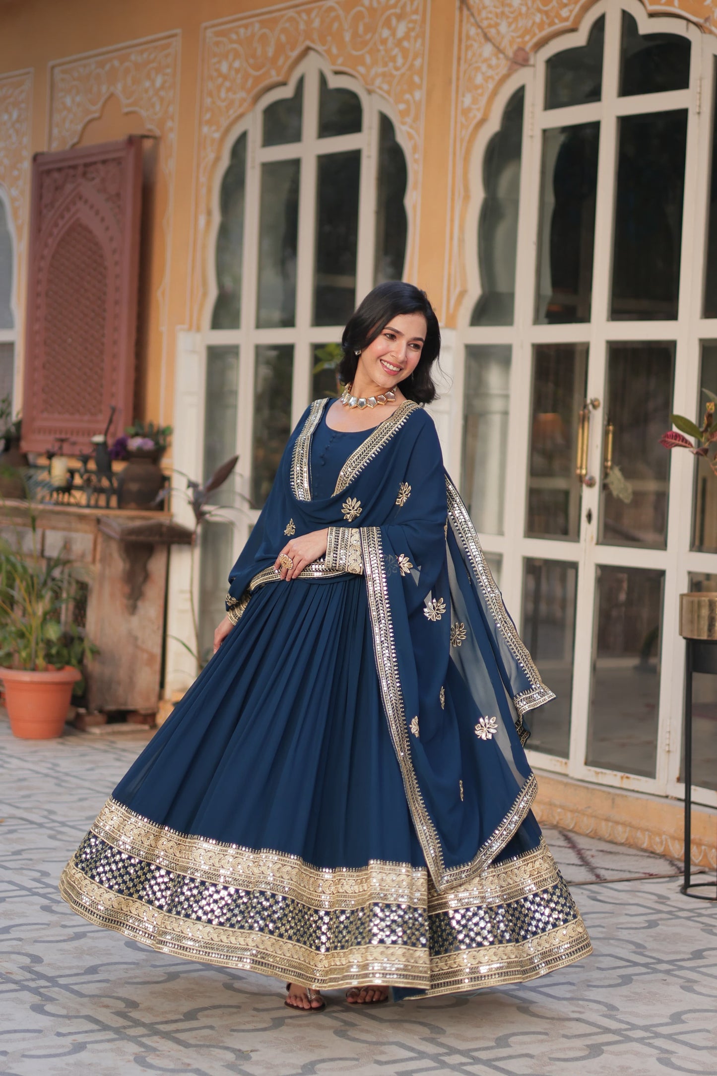Faux Blooming With Zari & Sequins Work Gown with Dupatta