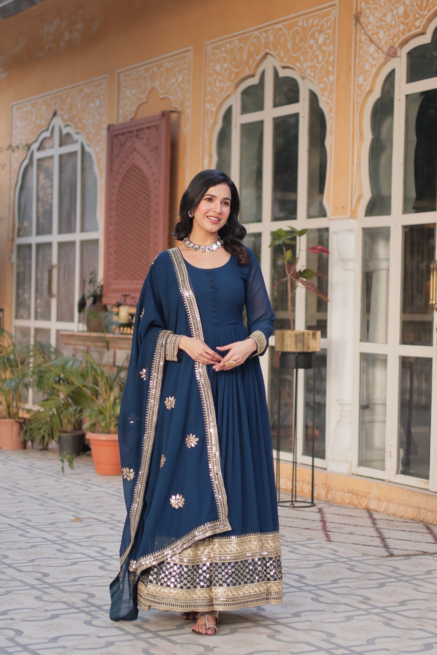 Faux Blooming With Zari & Sequins Work Gown with Dupatta