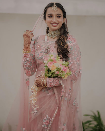 Baby Pink Soft Net Thread Sequins Work Saree