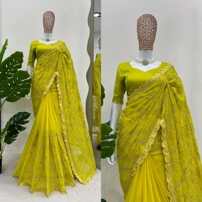 Lemon Heavy Tibby Silk With Coding Work Saree