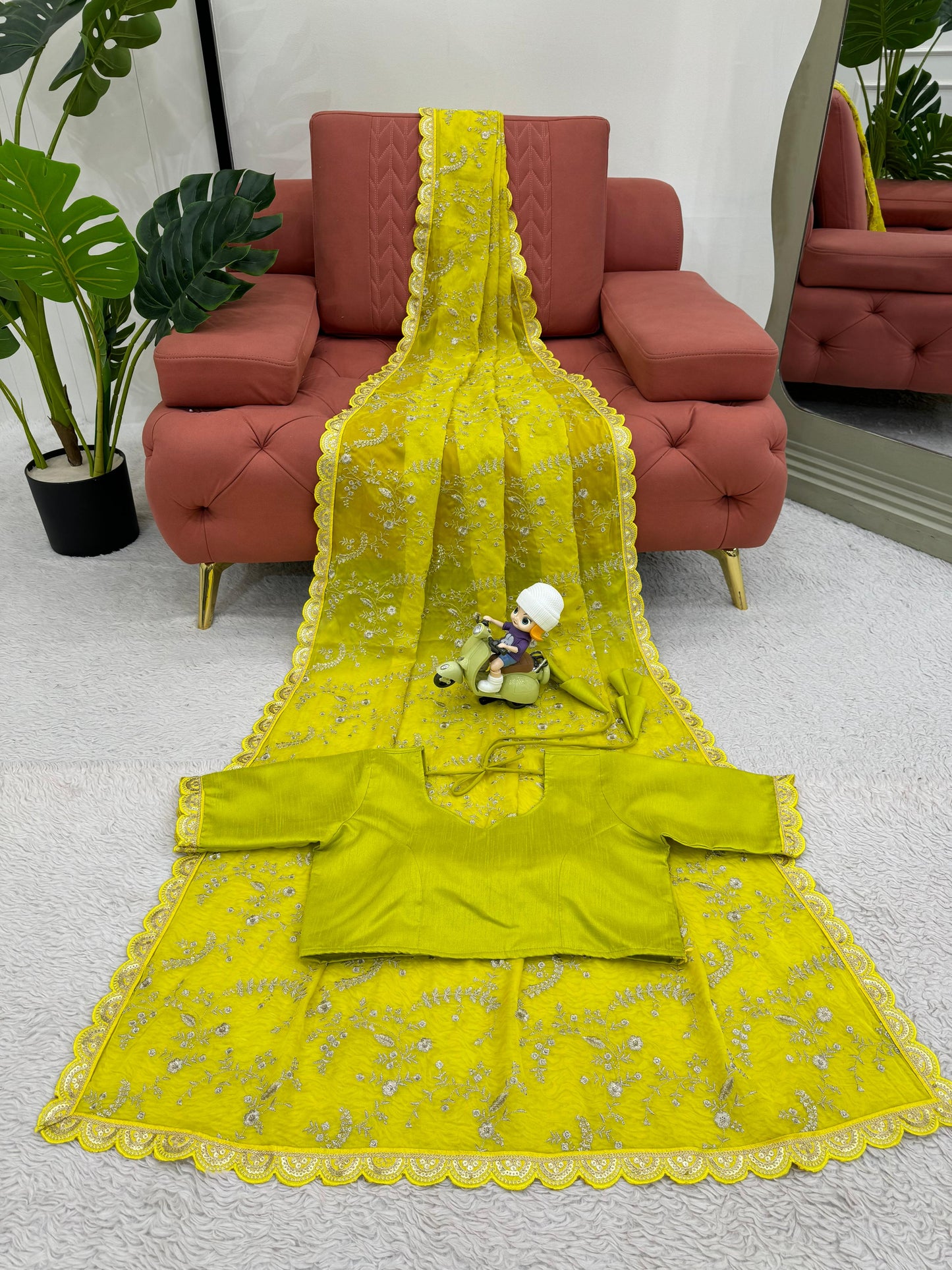Lemon Heavy Tibby Silk With Coding Work Saree