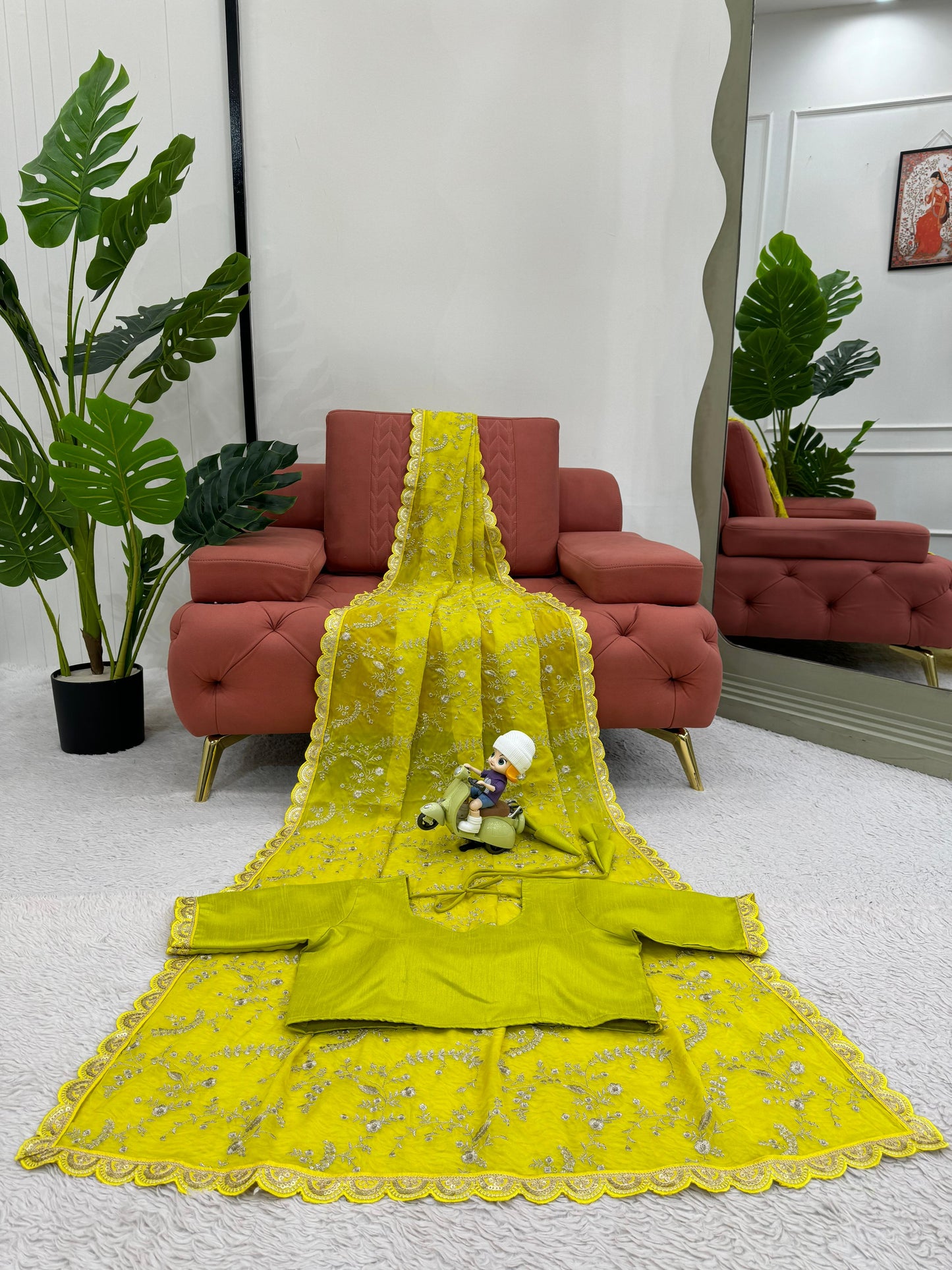 Lemon Heavy Tibby Silk With Coding Work Saree