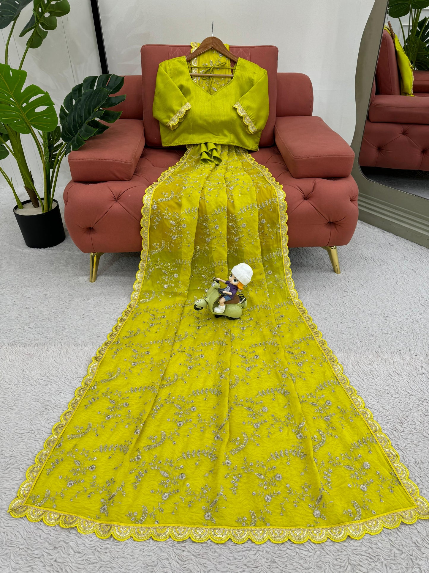 Lemon Heavy Tibby Silk With Coding Work Saree