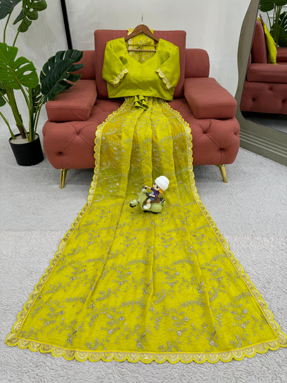 Lemon Heavy Tibby Silk With Coding Work Saree
