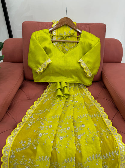 Lemon Heavy Tibby Silk With Coding Work Saree