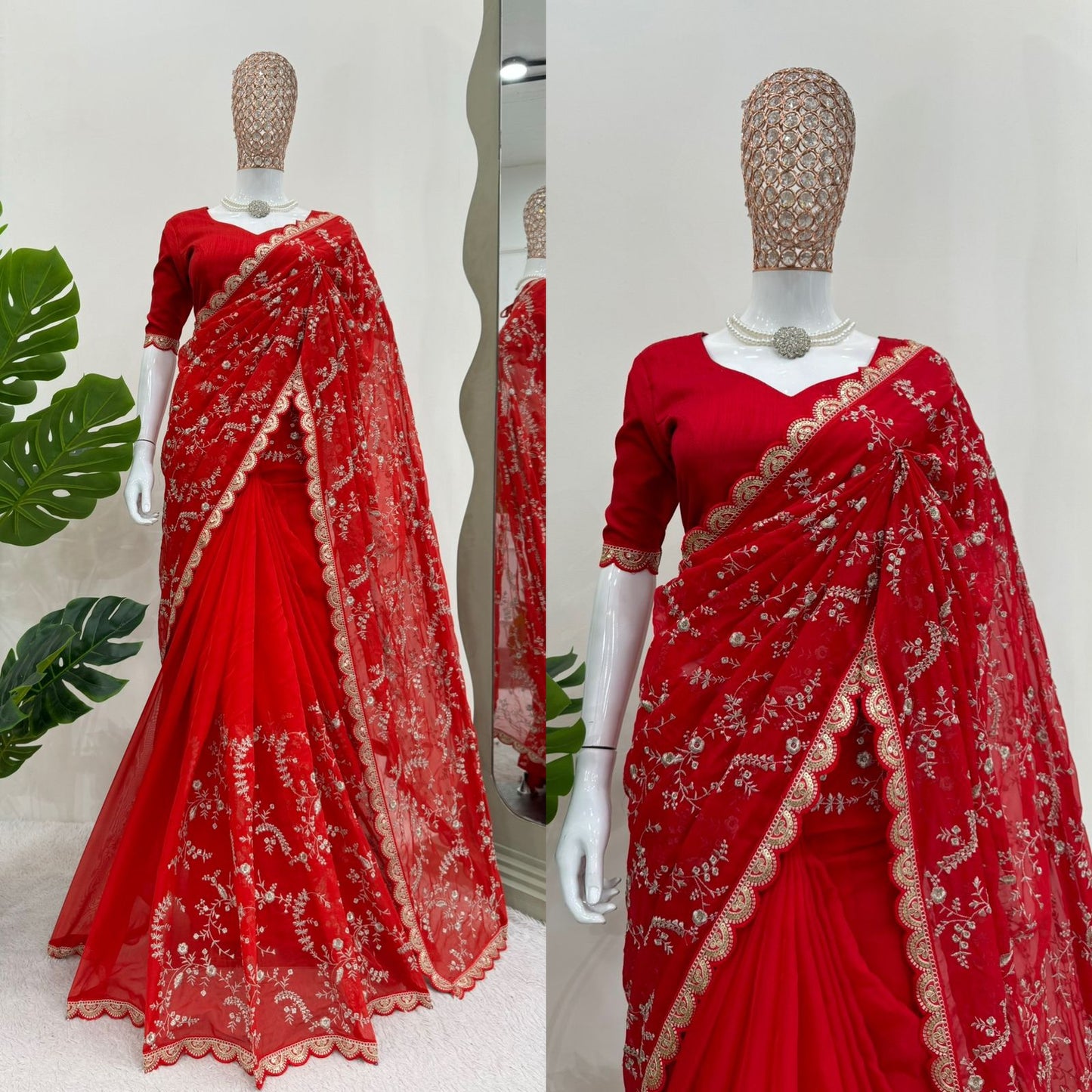 Red Heavy Tibby Silk With Coding Work Saree