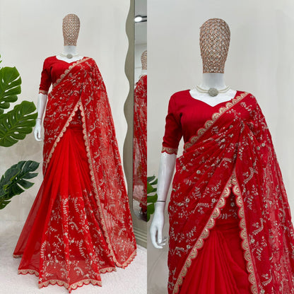Red Heavy Tibby Silk With Coding Work Saree
