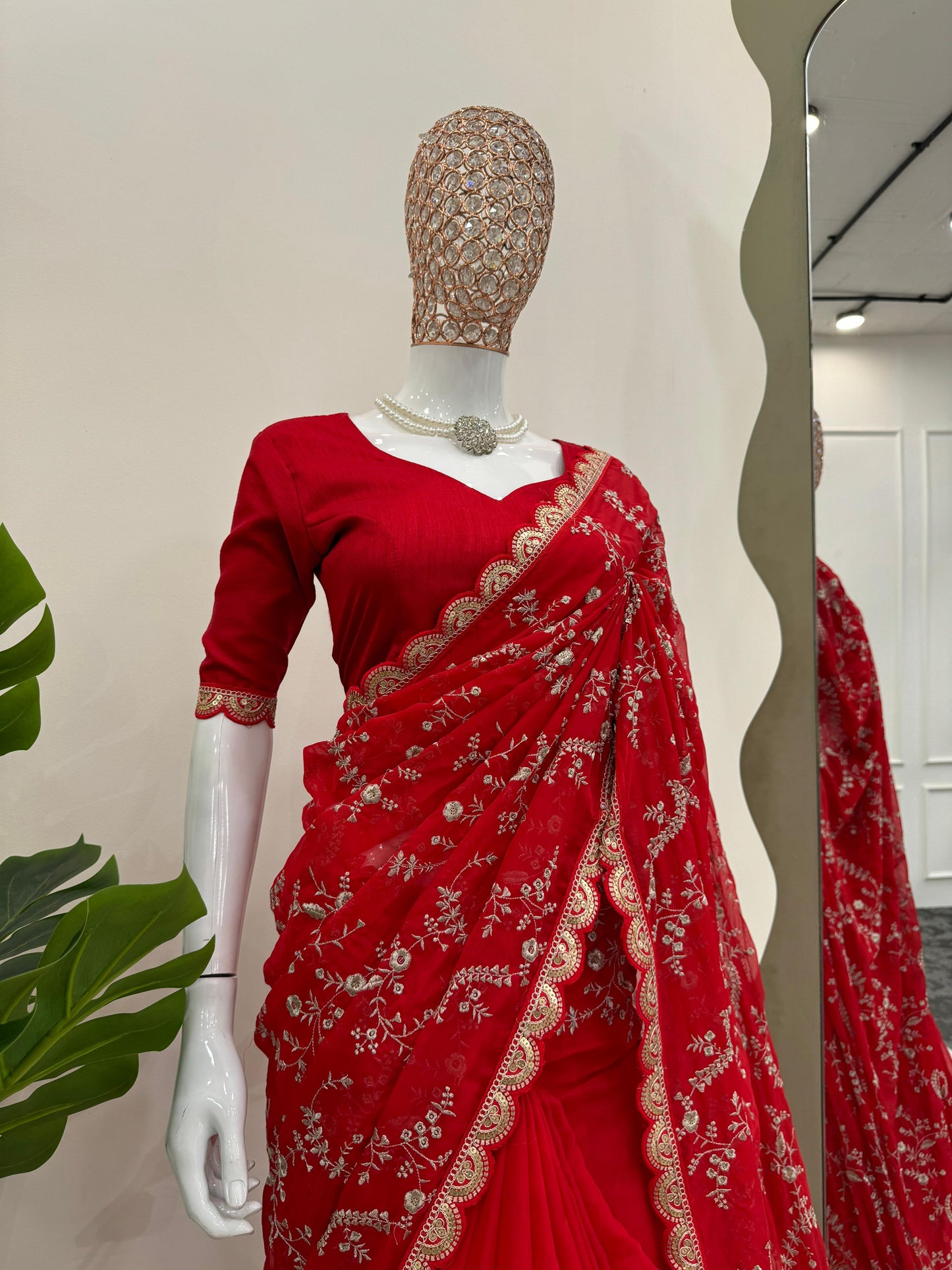 Red Heavy Tibby Silk With Coding Work Saree