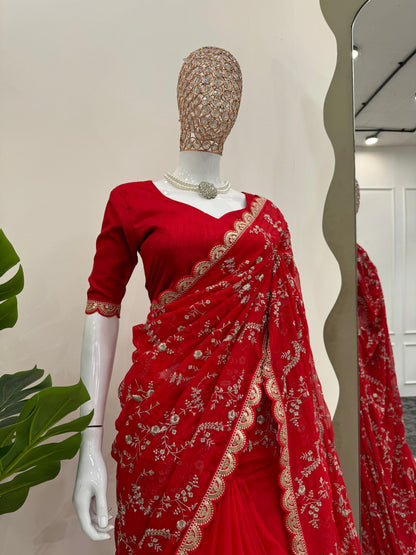 Red Heavy Tibby Silk With Coding Work Saree