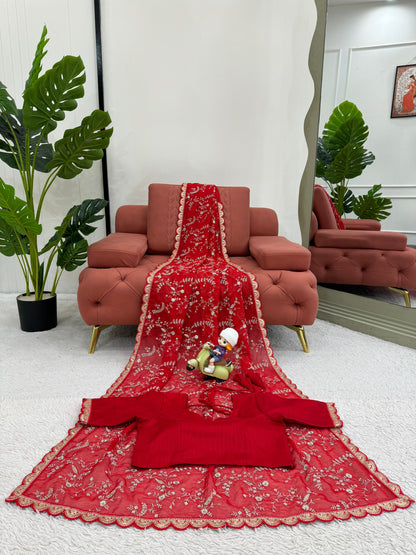 Red Heavy Tibby Silk With Coding Work Saree