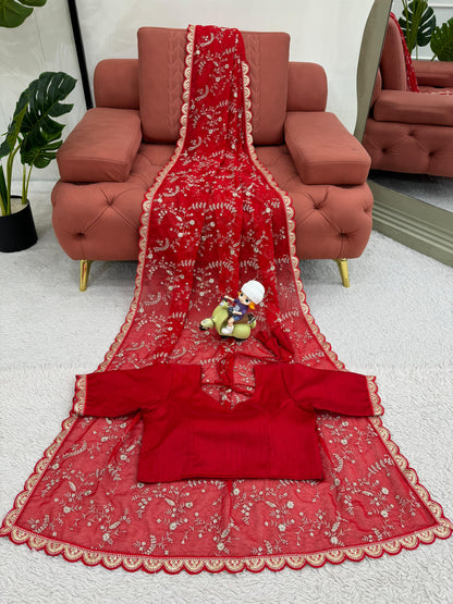 Red Heavy Tibby Silk With Coding Work Saree