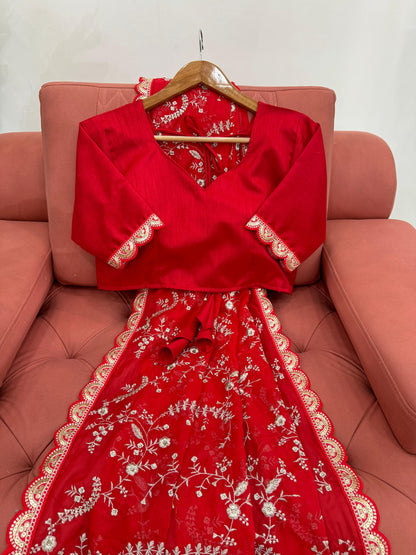 Red Heavy Tibby Silk With Coding Work Saree