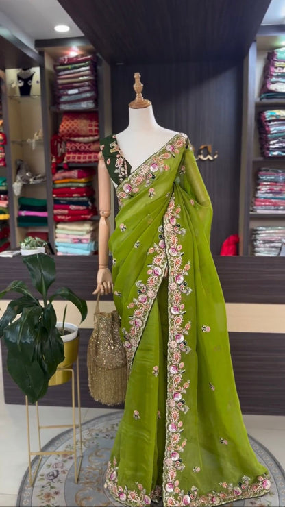 Lime Green Jimmy Chu Thread Work Saree