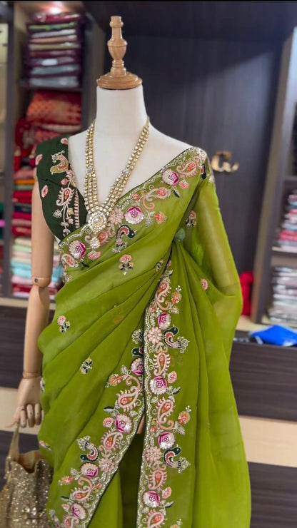 Lime Green Jimmy Chu Thread Work Saree
