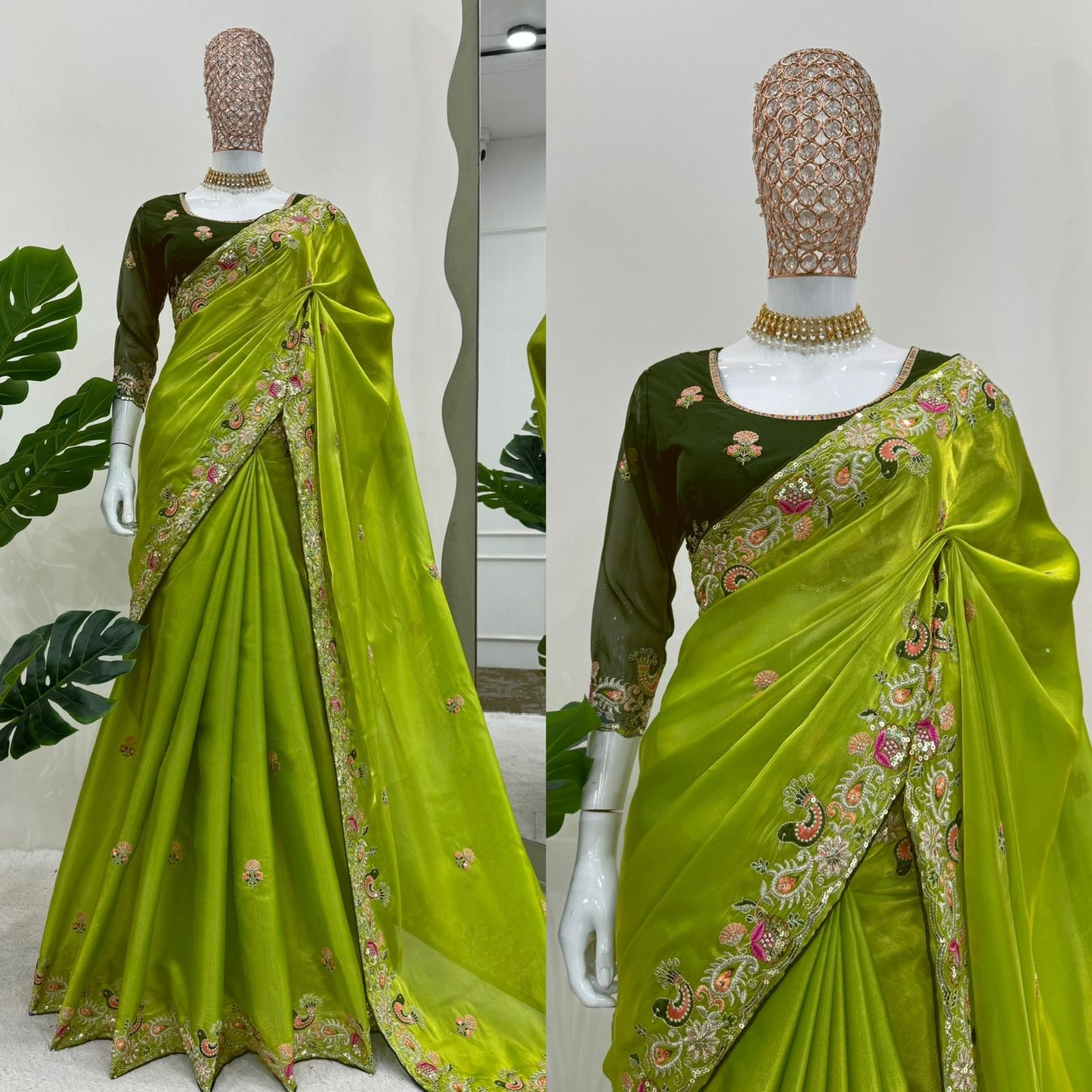 Lime Green Jimmy Chu Thread Work Saree