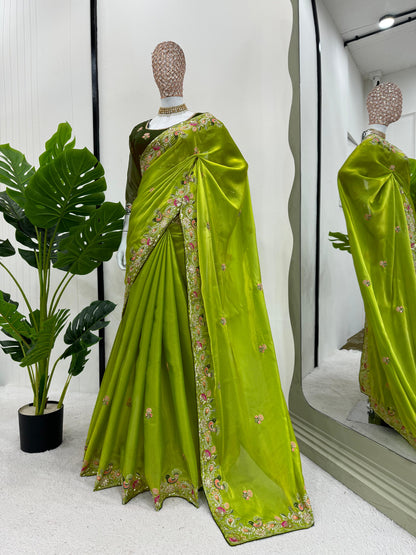 Lime Green Jimmy Chu Thread Work Saree