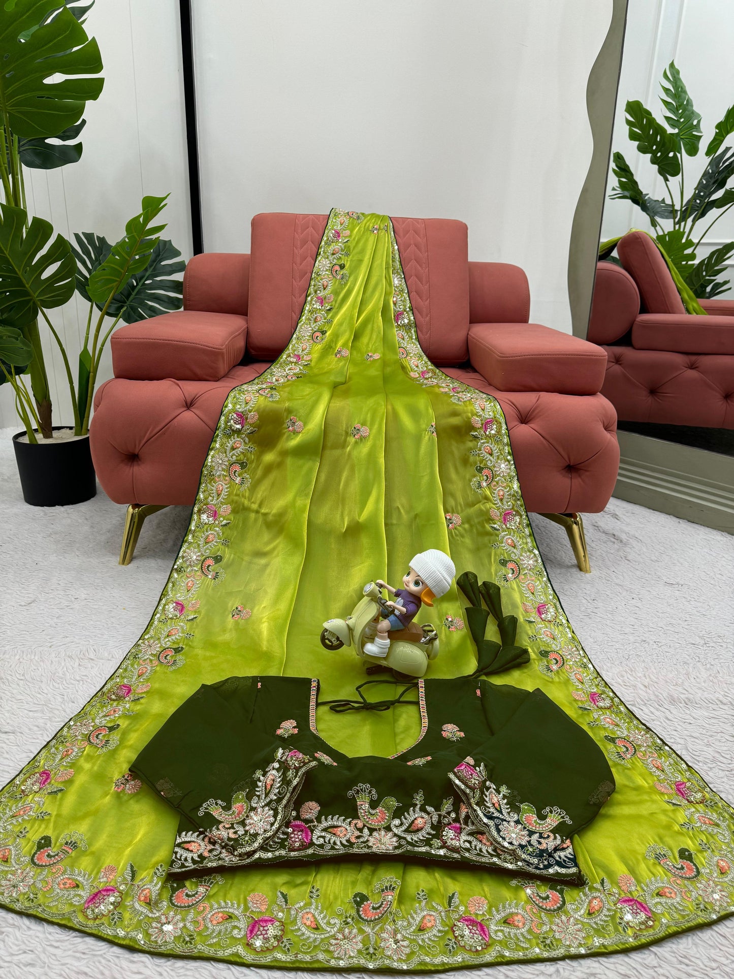 Lime Green Jimmy Chu Thread Work Saree
