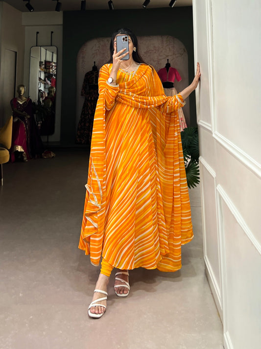 Yellow Leheriya Georgette with Lace Gown With Dupatta