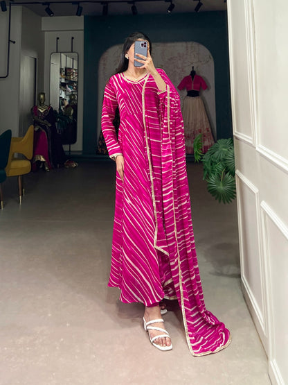 Pink Leheriya Georgette with Lace Gown With Dupatta