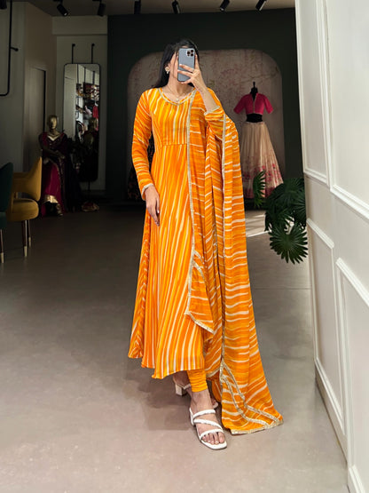 Yellow Leheriya Georgette with Lace Gown With Dupatta