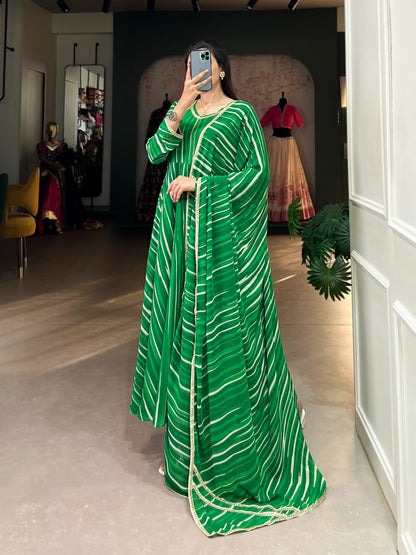Green Leheriya Georgette with Lace Gown With Dupatta