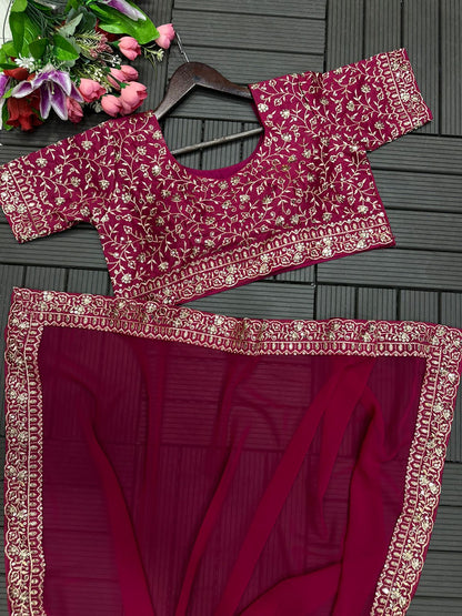 Barbie Pink Heavy Georgette With Ruffle Work Party Wear Saree