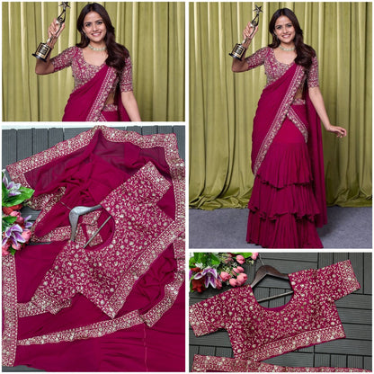 Barbie Pink Heavy Georgette With Ruffle Work Party Wear Saree