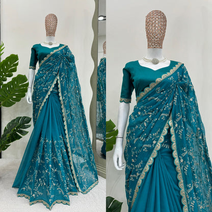 Rama Heavy Tibby Silk With Coding Work Saree