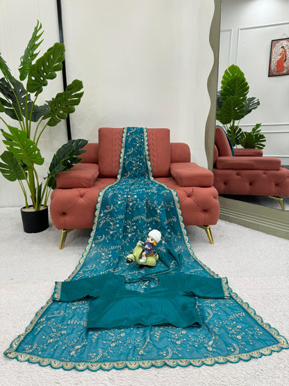 Rama Heavy Tibby Silk With Coding Work Saree