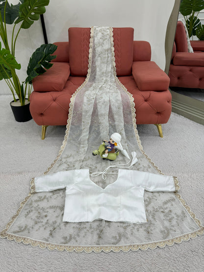 White Heavy Tibby Silk With Coding Work Saree