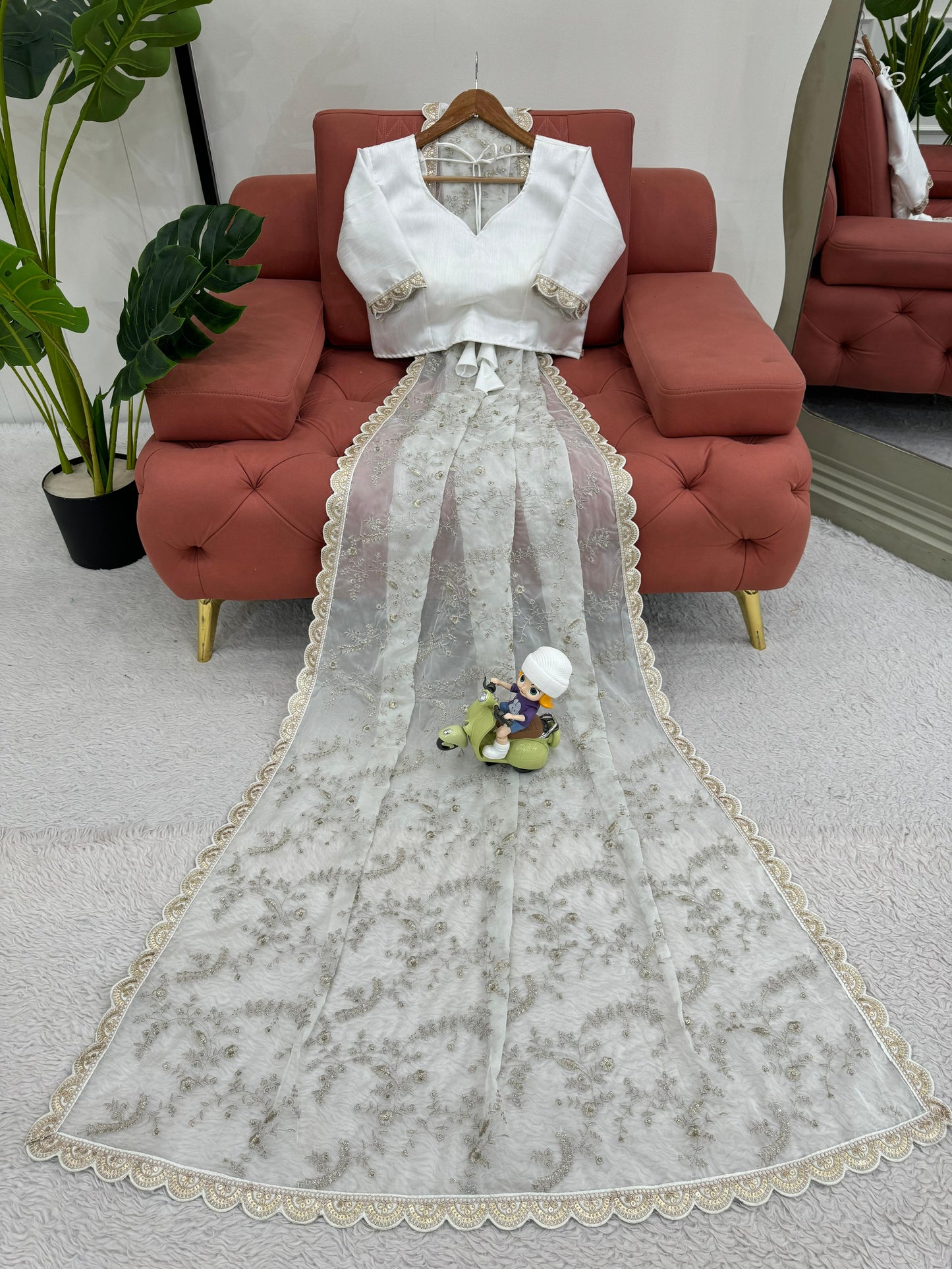 White Heavy Tibby Silk With Coding Work Saree