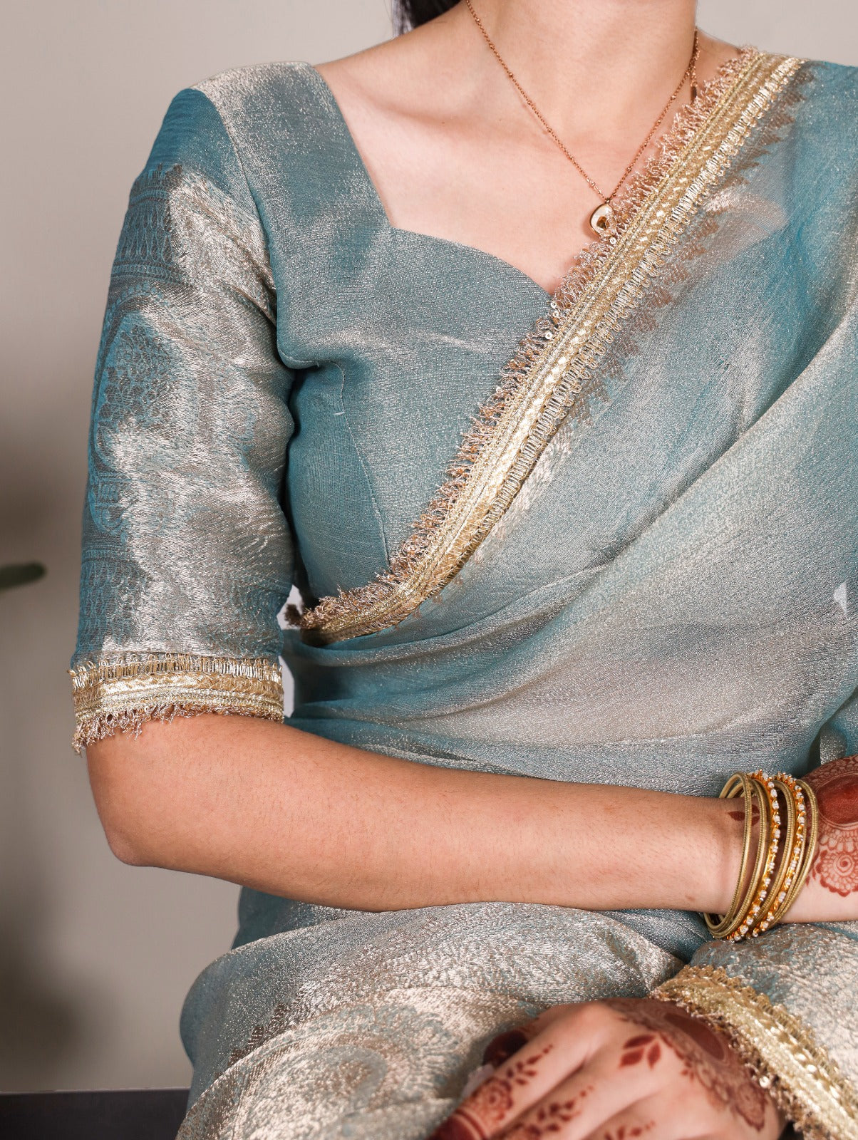 Sky Blue Tissue Shimmer Zari With Sequins Lace Border Sare