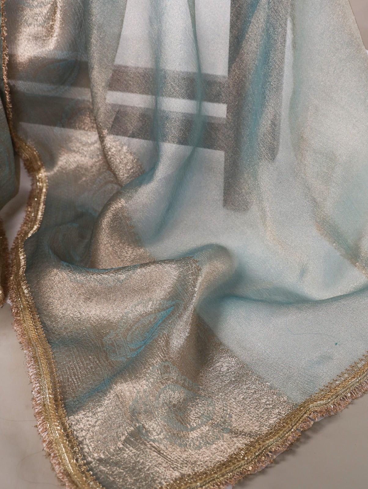 Sky Blue Tissue Shimmer Zari With Sequins Lace Border Sare