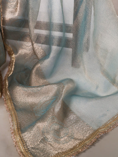 Sky Blue Tissue Shimmer Zari With Sequins Lace Border Sare